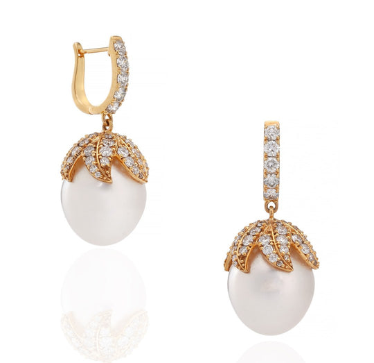 18K Yellow Gold South Sea Pearl Diamond Earrings