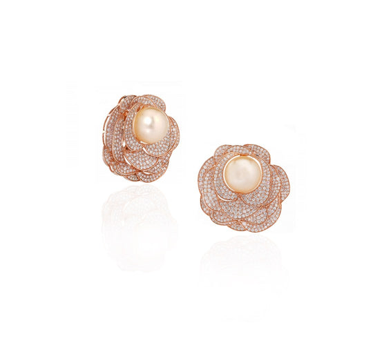 18K Rose Gold Golden South Sea Pearl Diamond Earrings