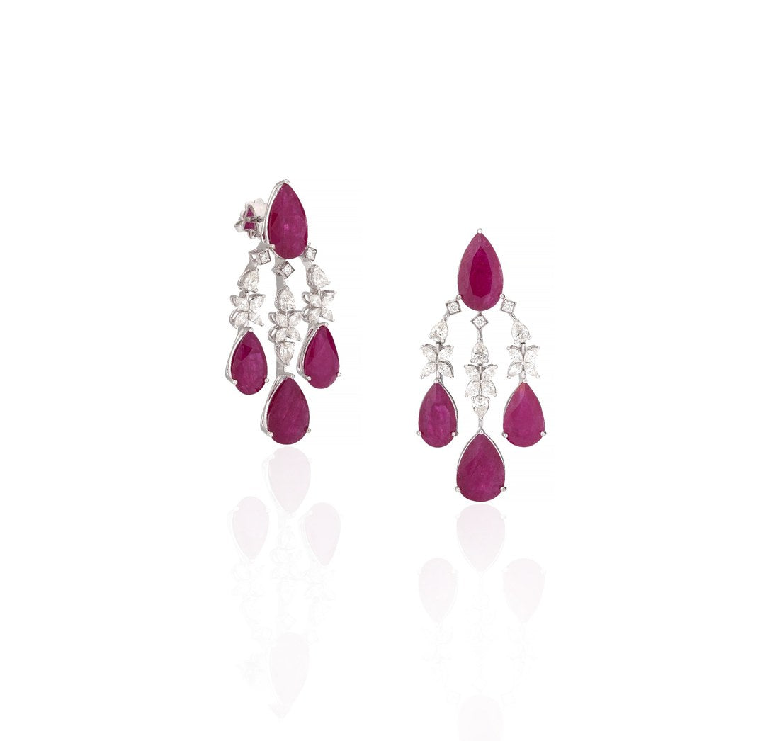 14K White Gold Ruby Diamond Chandelier Earrings