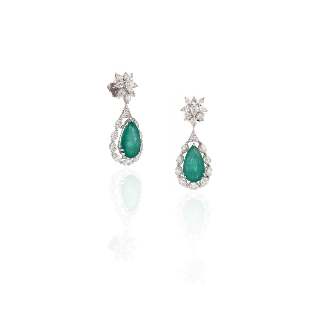18K White Gold Emerald Pear Diamond Drop Earrings