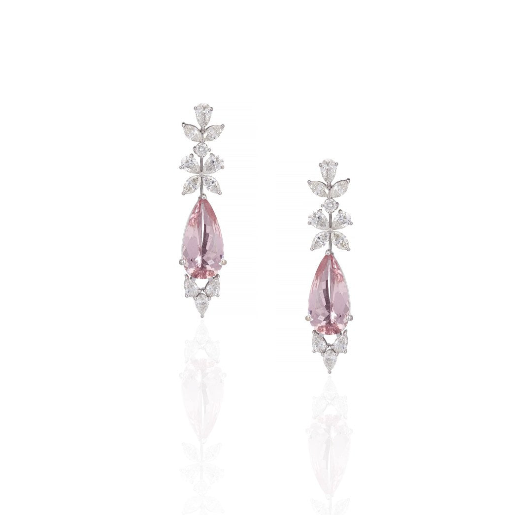 14K White Gold Pink Tourmaline Diamond Drop Earrings
