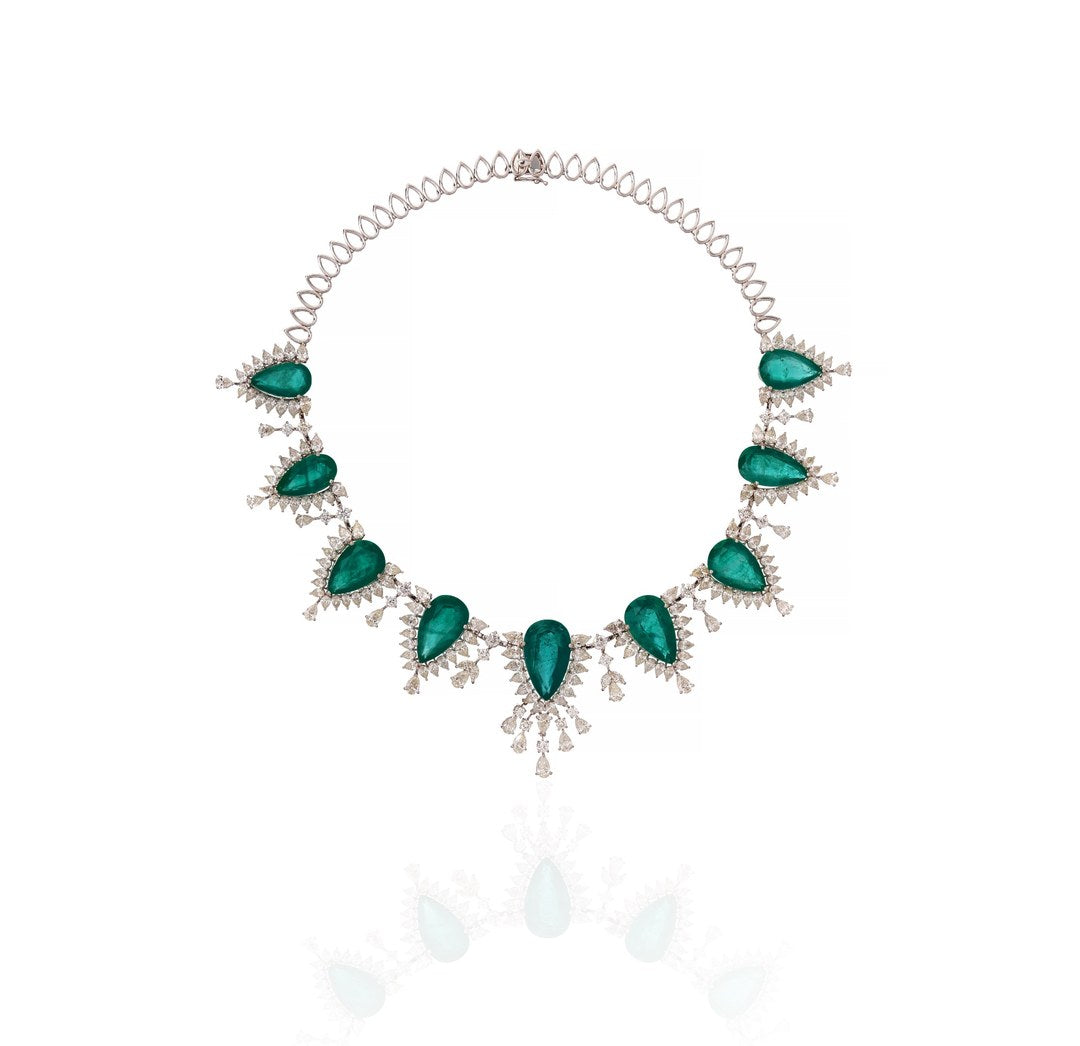 14K White Gold Emerald Diamond Statement Necklace