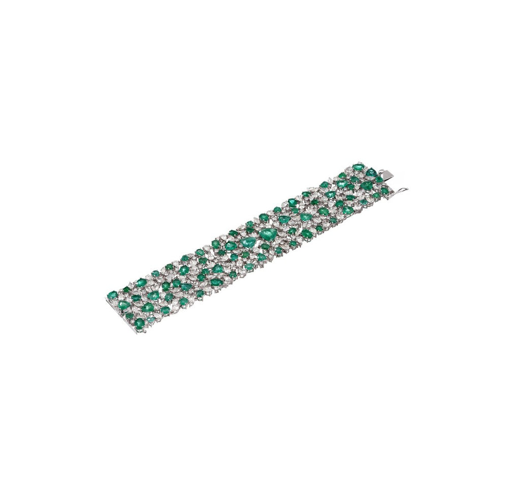 18K White Gold Emerald Diamond Multi Row Bracelet