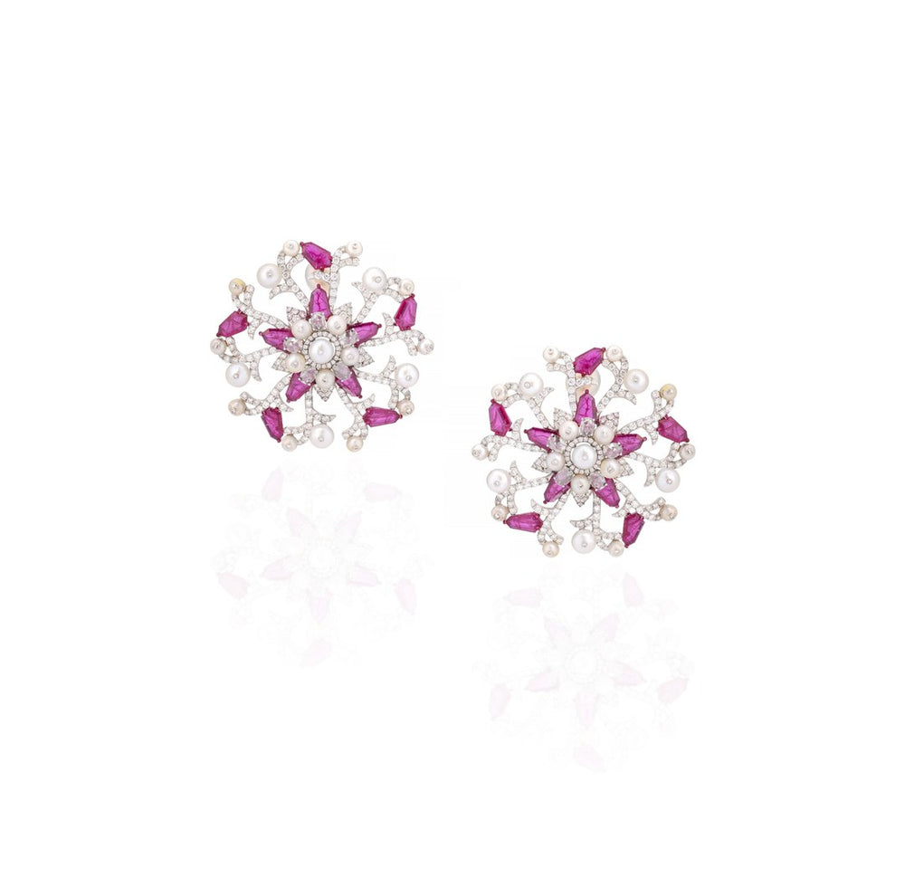 18K White Gold Ruby Floral Diamond Earrings