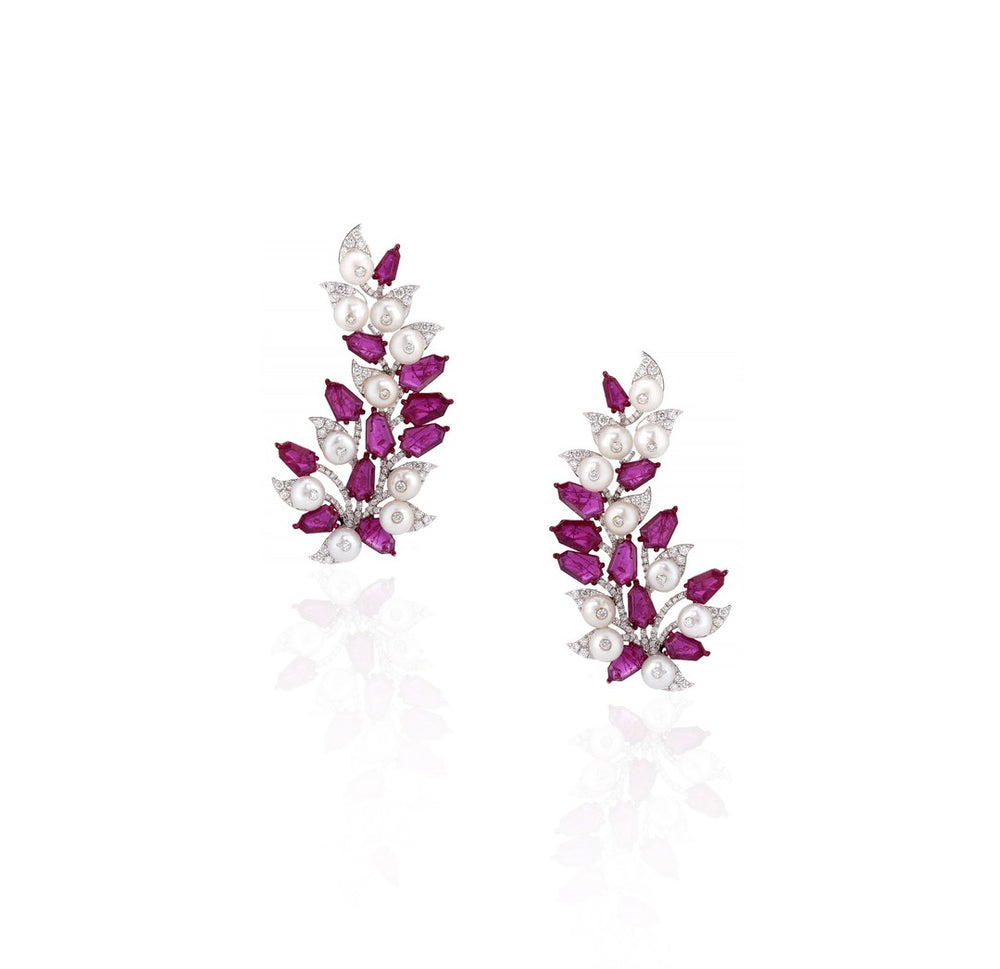 18K White Gold Ruby Leaf Diamond Earrings