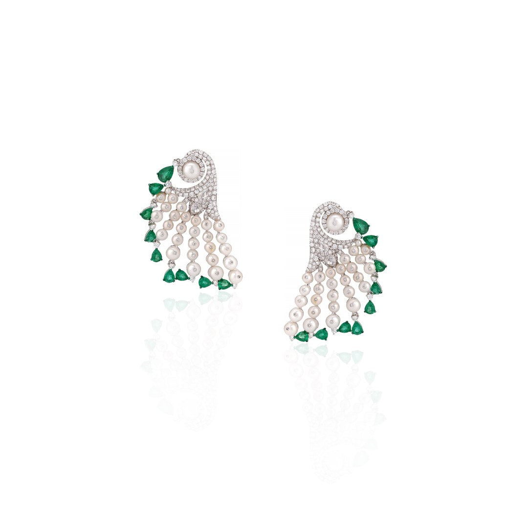 18K White Gold Emerald Pearl Chandelier Earrings