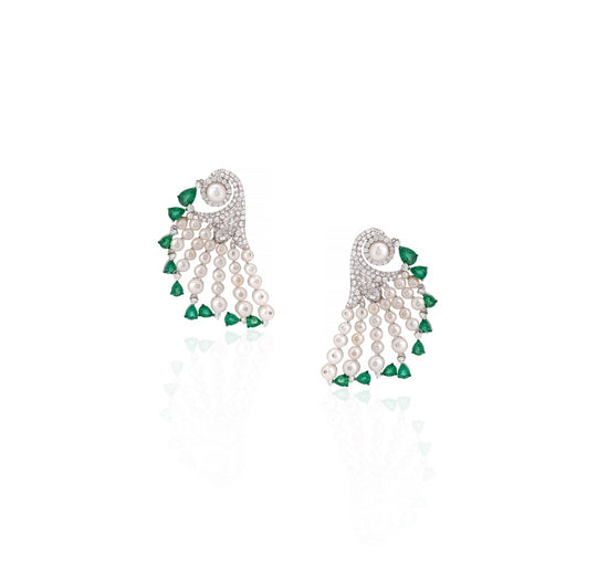 18K White Gold Emerald Pearl Chandelier Earrings