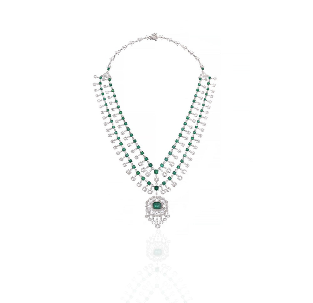 14K White Gold Emerald Layered Diamond Necklace