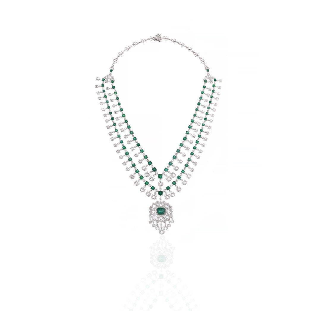 14K White Gold Emerald Layered Diamond Necklace