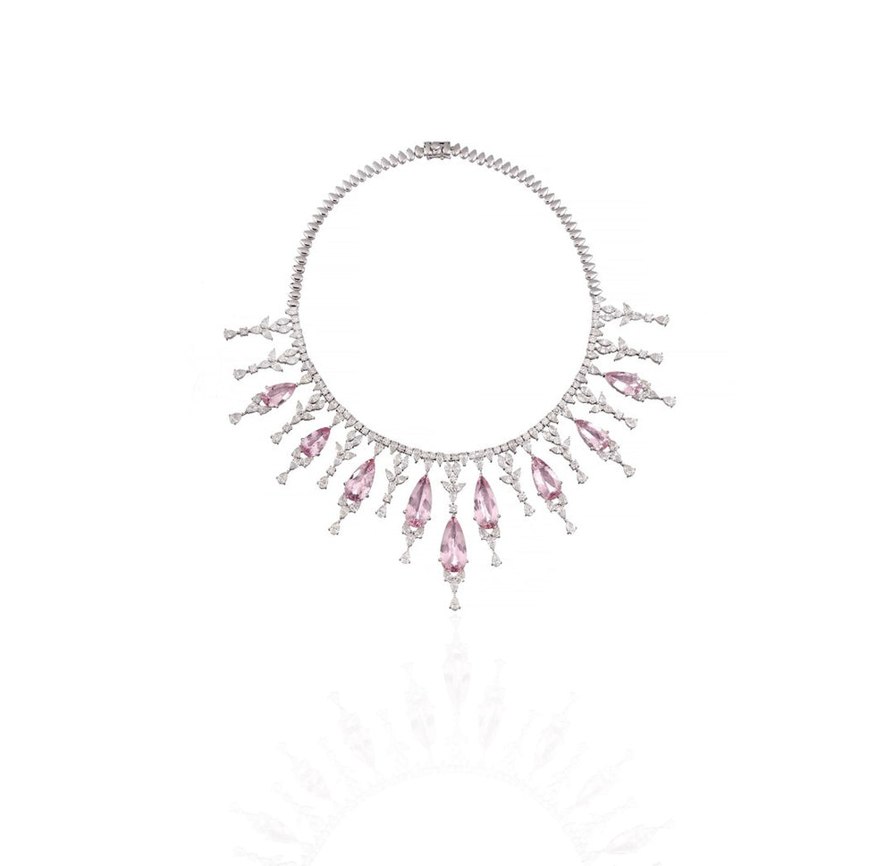 14K White Gold Pink Sapphire Diamond Necklace