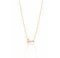 A delicate gold chain necklace featuring a small cursive pendant spelling 'love', displayed against a clean white background with a soft reflection below.
