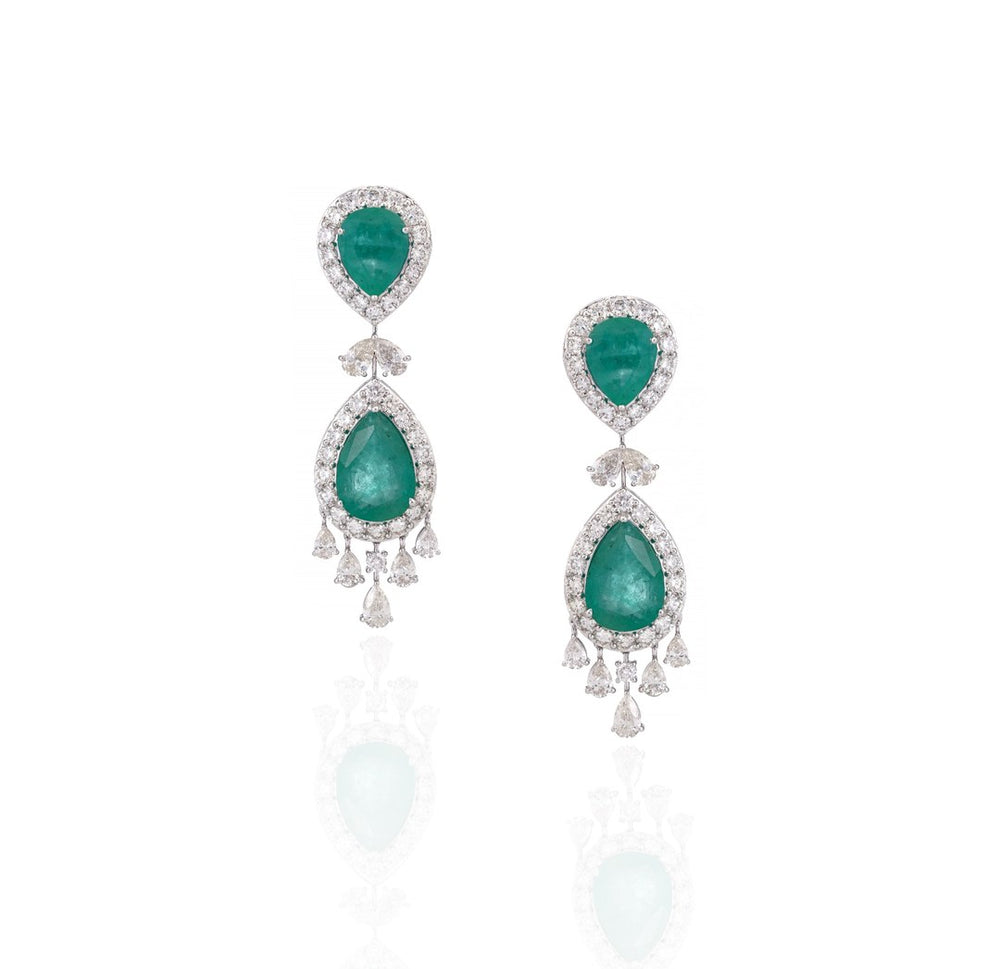 18K White Gold Emerald Pear Diamond Drop Earrings