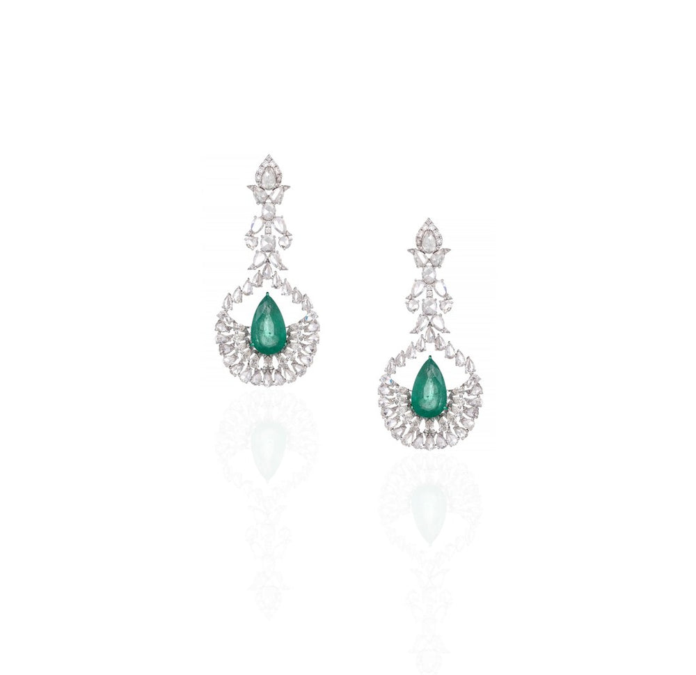 18K White Gold Emerald Pink Sapphire Diamond Earrings
