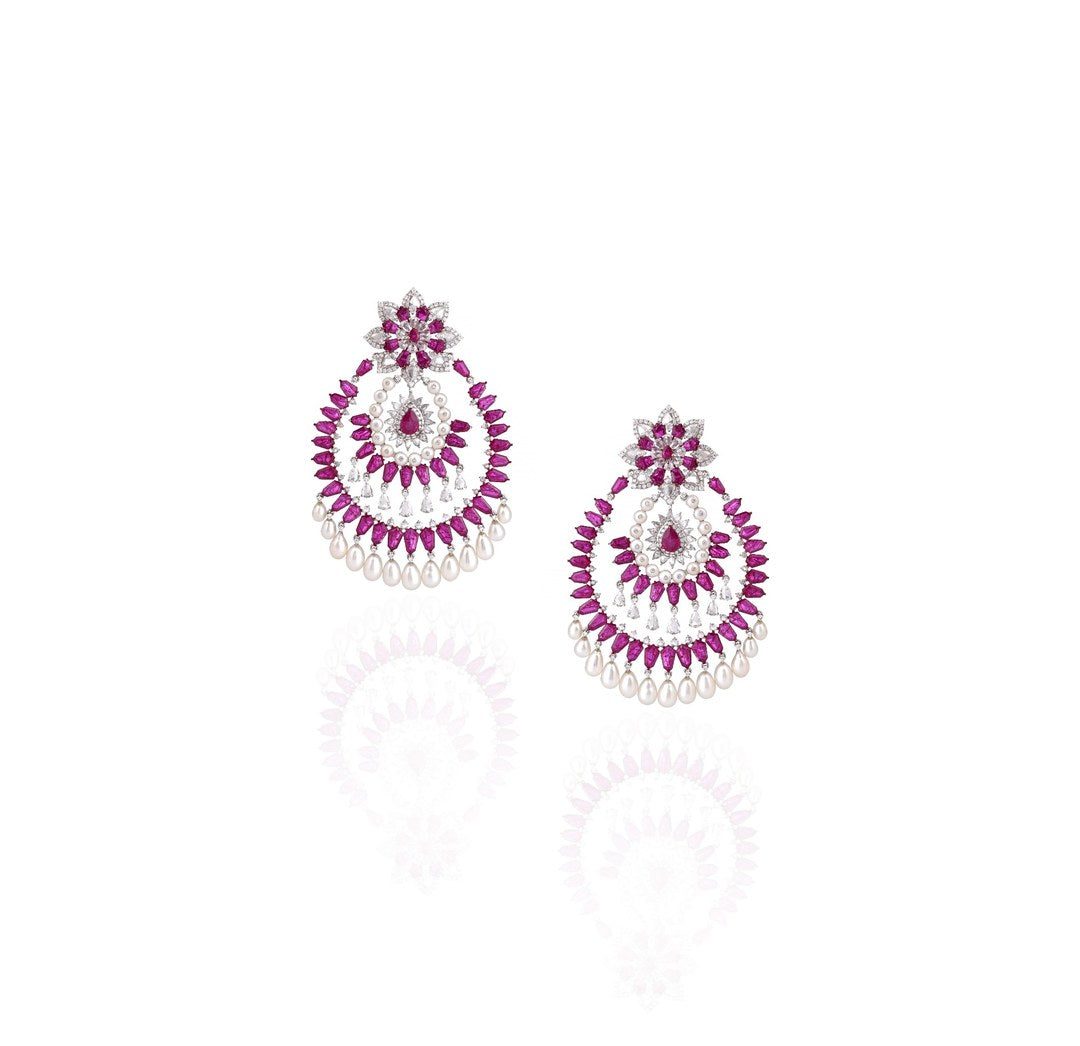 18K White Gold Ruby Halo Diamond Chandelier Earrings