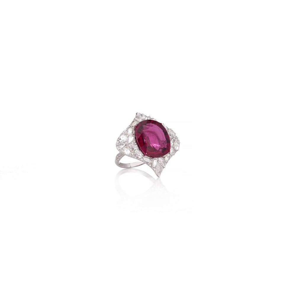 18K White Gold Ruby Halo Diamond Ring