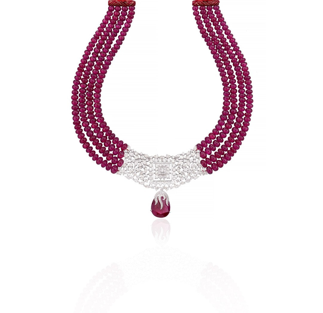 14K White Gold Ruby Multi-Strand Diamond Necklace