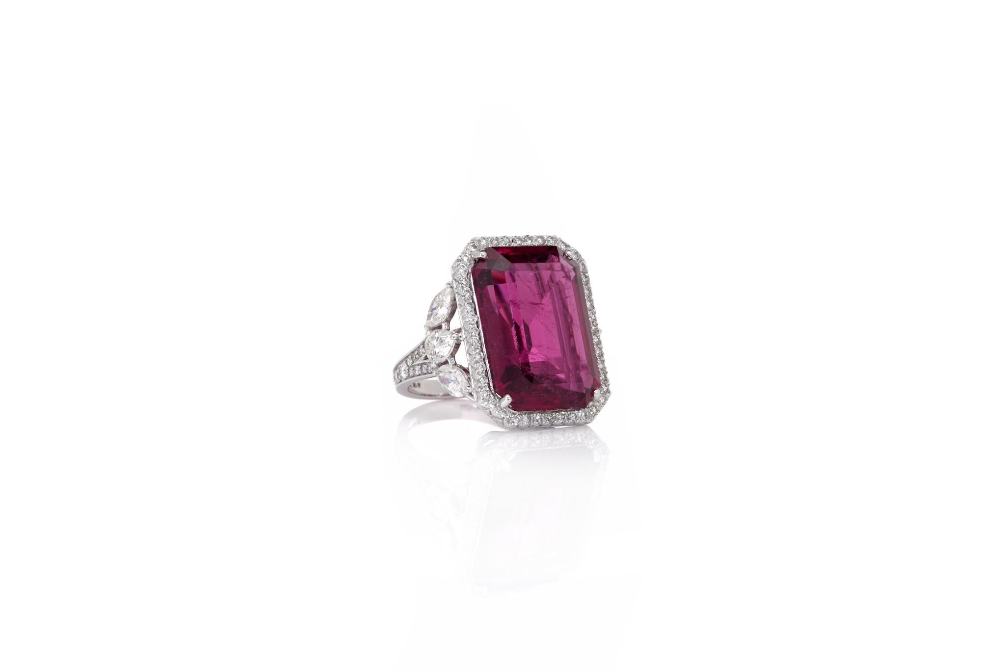 18K White Gold Pink Baguette Gemstone Statement Ring
