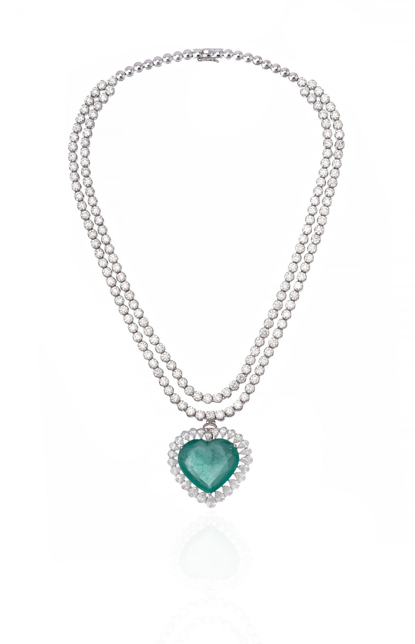 White Gold Green Gemstone Heart Pendant Necklace