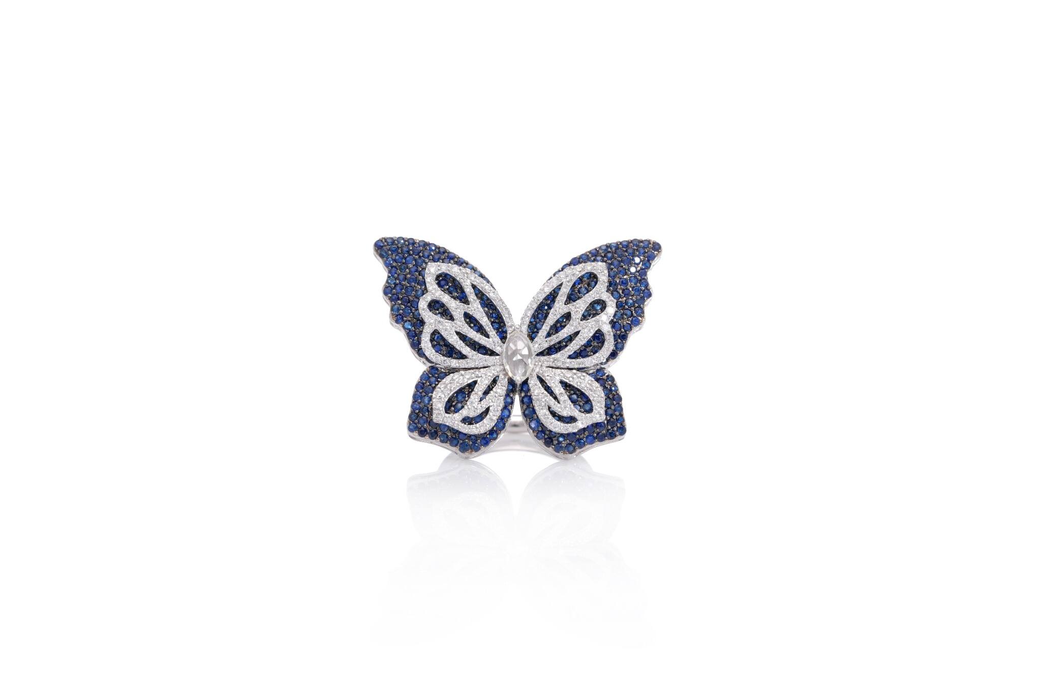 White Gold Blue Gemstone Butterfly Ring