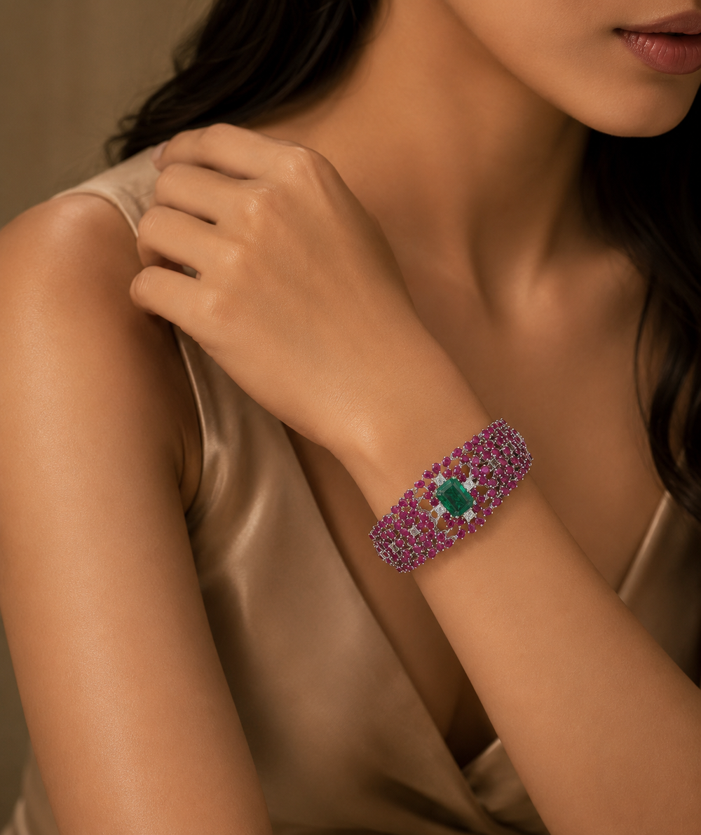 Rosé Verde Ruby Emerald Diamond Bracelet in 14K Gold