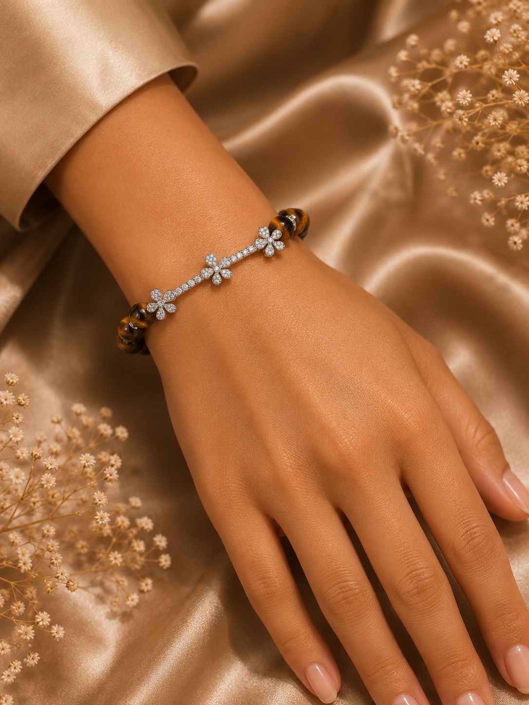 Jasmine Tiger Stone Diamond Bracelet in 18K White Gold