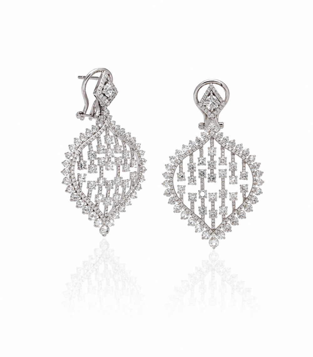 18K White Gold Diamond Lattice Drop Earrings