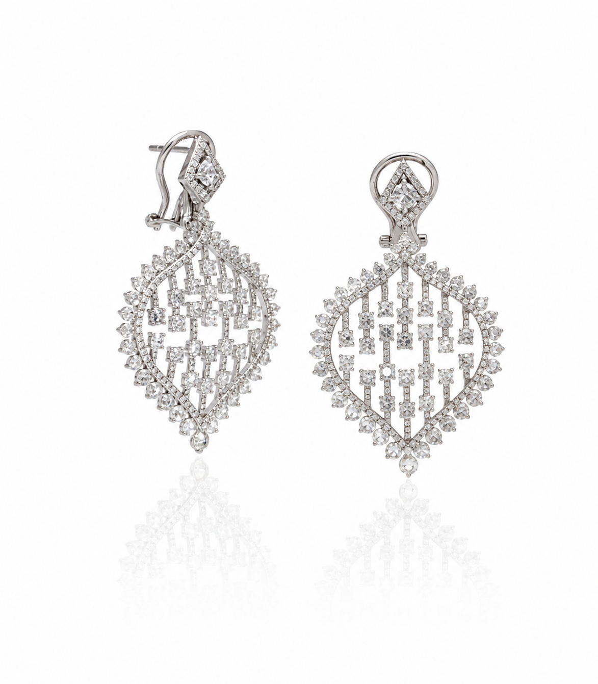 18K White Gold Diamond Lattice Drop Earrings