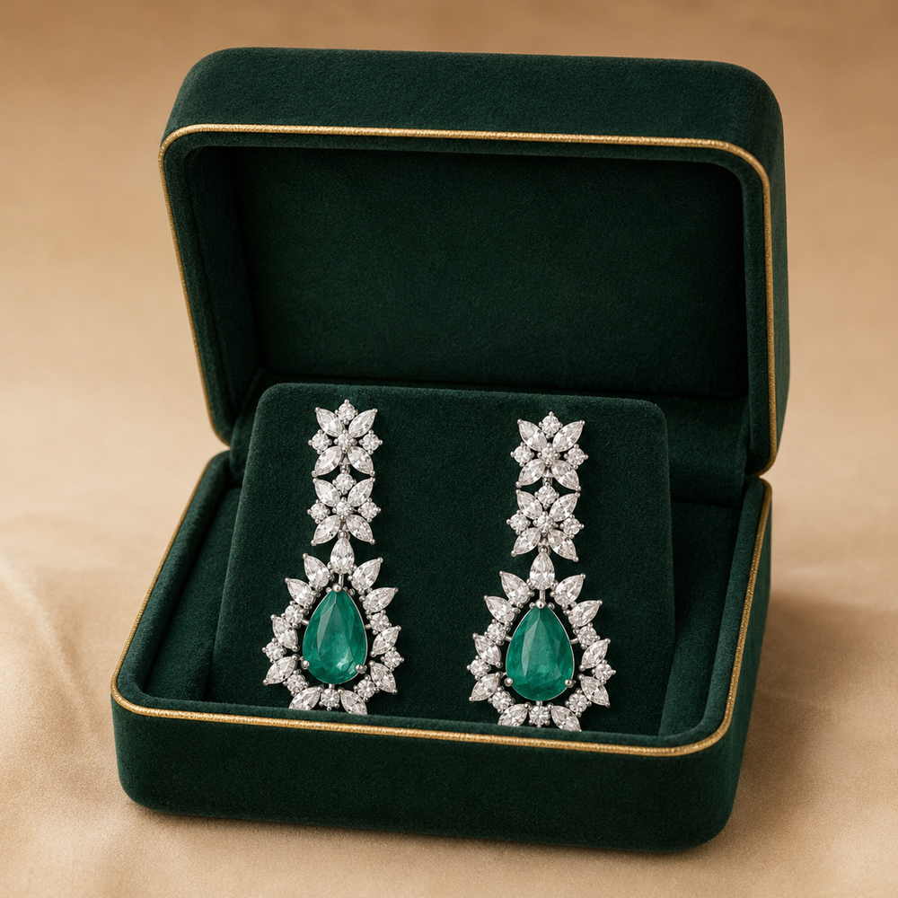 18K White Gold Emerald Pear Diamond Chandelier Earrings