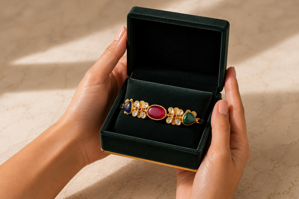 Navratan Polki Heritage Bracelet in 18K Gold