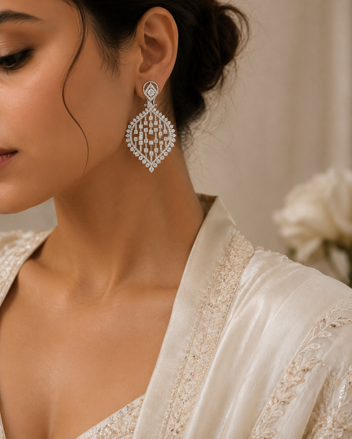 18K White Gold Diamond Lattice Drop Earrings
