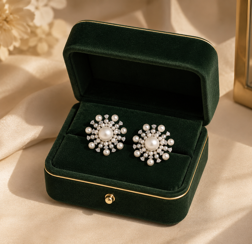 18K White Gold Pearl Floral Diamond Earrings
