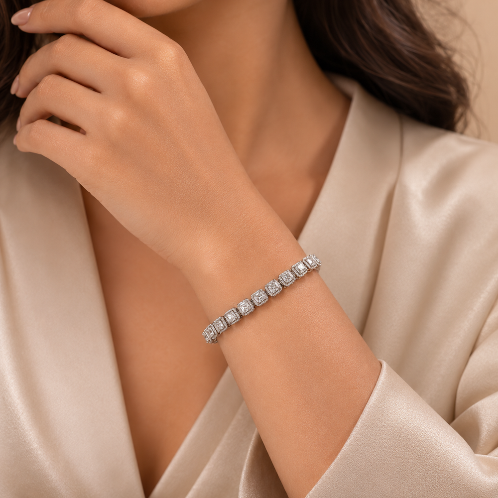 Aurex Asscher Solitaire Diamond tennis Bracelet in 18K White Gold