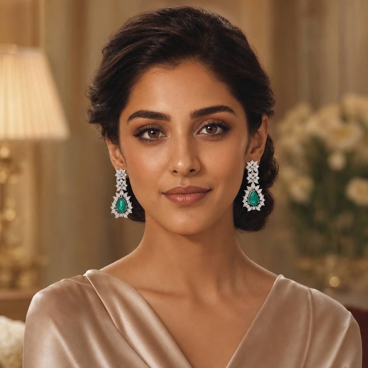 18K White Gold Emerald Pear Diamond Chandelier Earrings