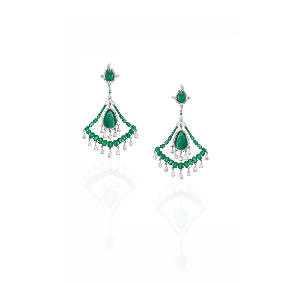 18K White Gold Emerald Diamond Chandelier Earrings