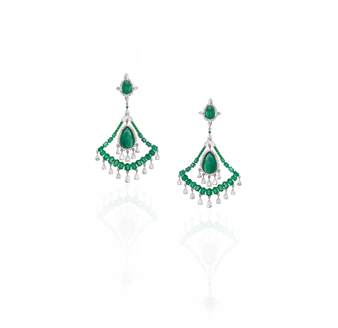 18K White Gold Emerald Diamond Chandelier Earrings