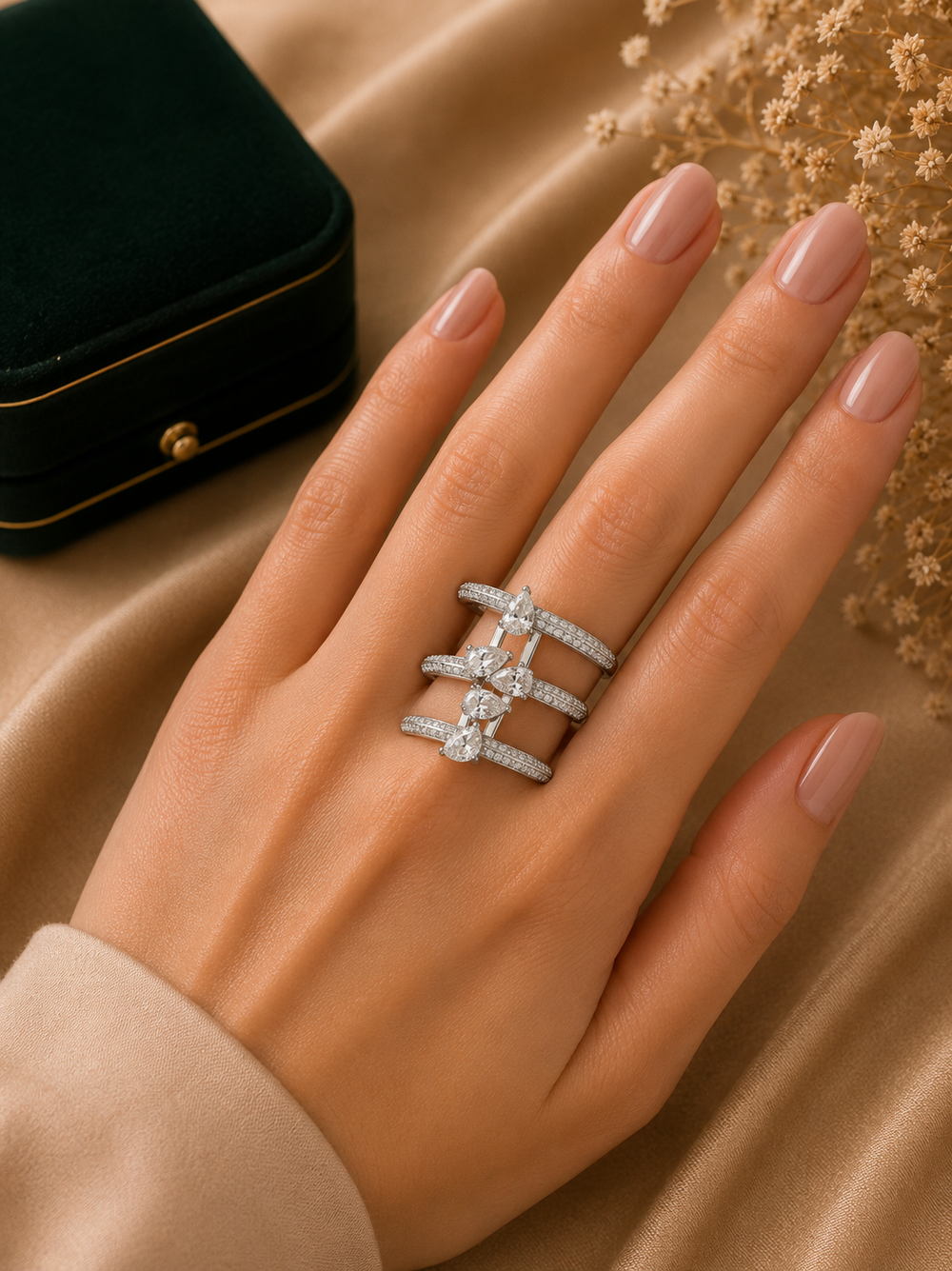 Aurelia Pear Diamond Ring in 18K white gold with natural diamonds styled for everyday luxury