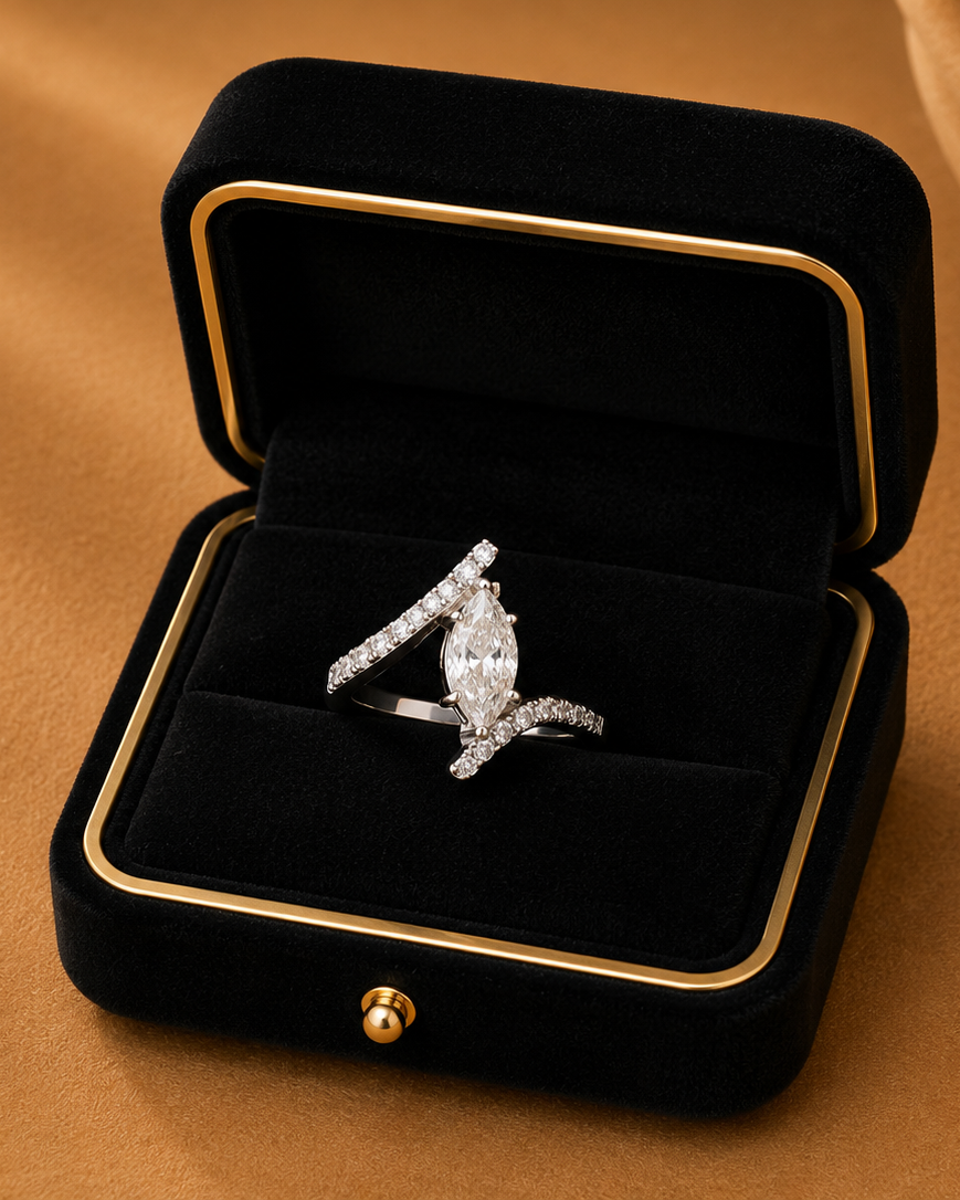 Celestial Wave Diamond Ring in 18K white gold with natural diamonds displayed in Izzari's luxury jewellery box
