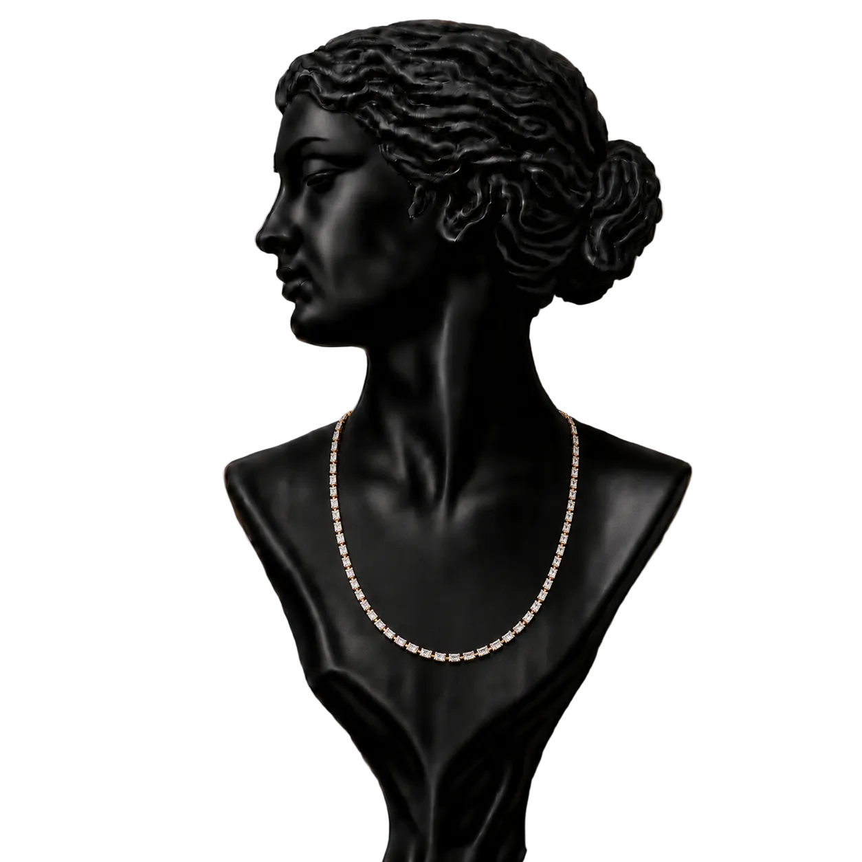 A black mannequin bust wearing a delicate gold-toned chain necklace, 