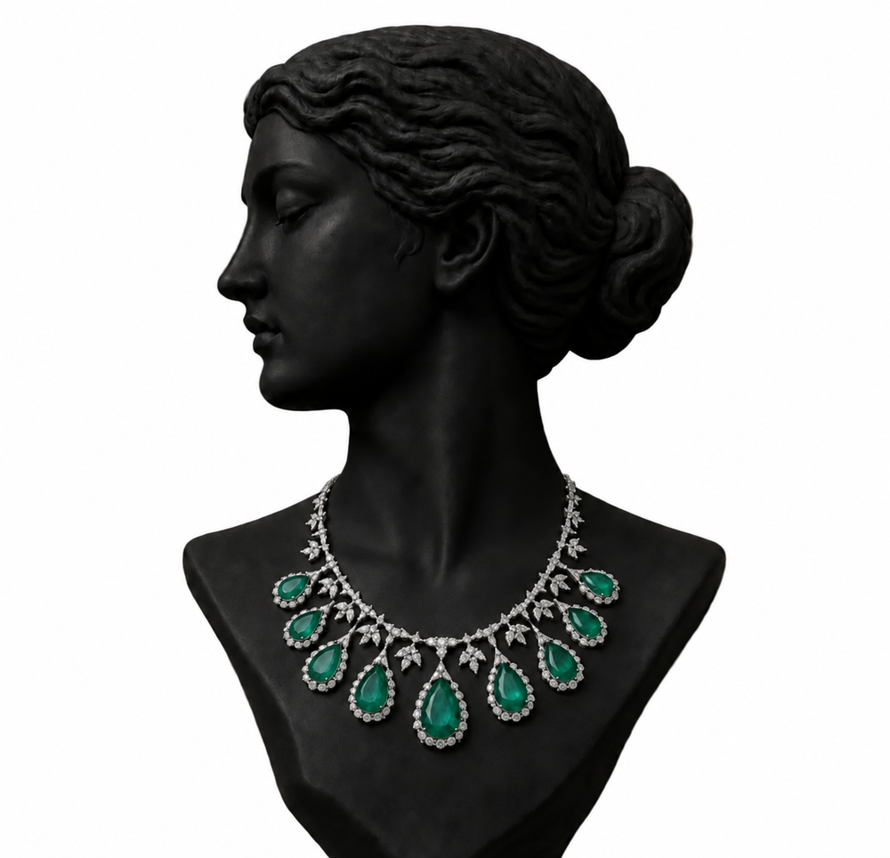 Imperial Emerald Pear Drop Diamond Statement Necklace in 18K Gold | Luxury High Jewellery