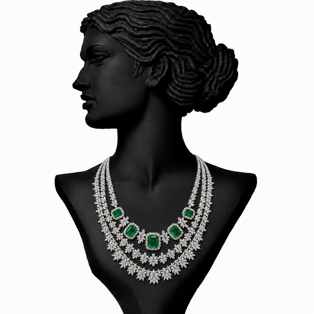 14K White Gold Emerald Diamond Layered Necklace