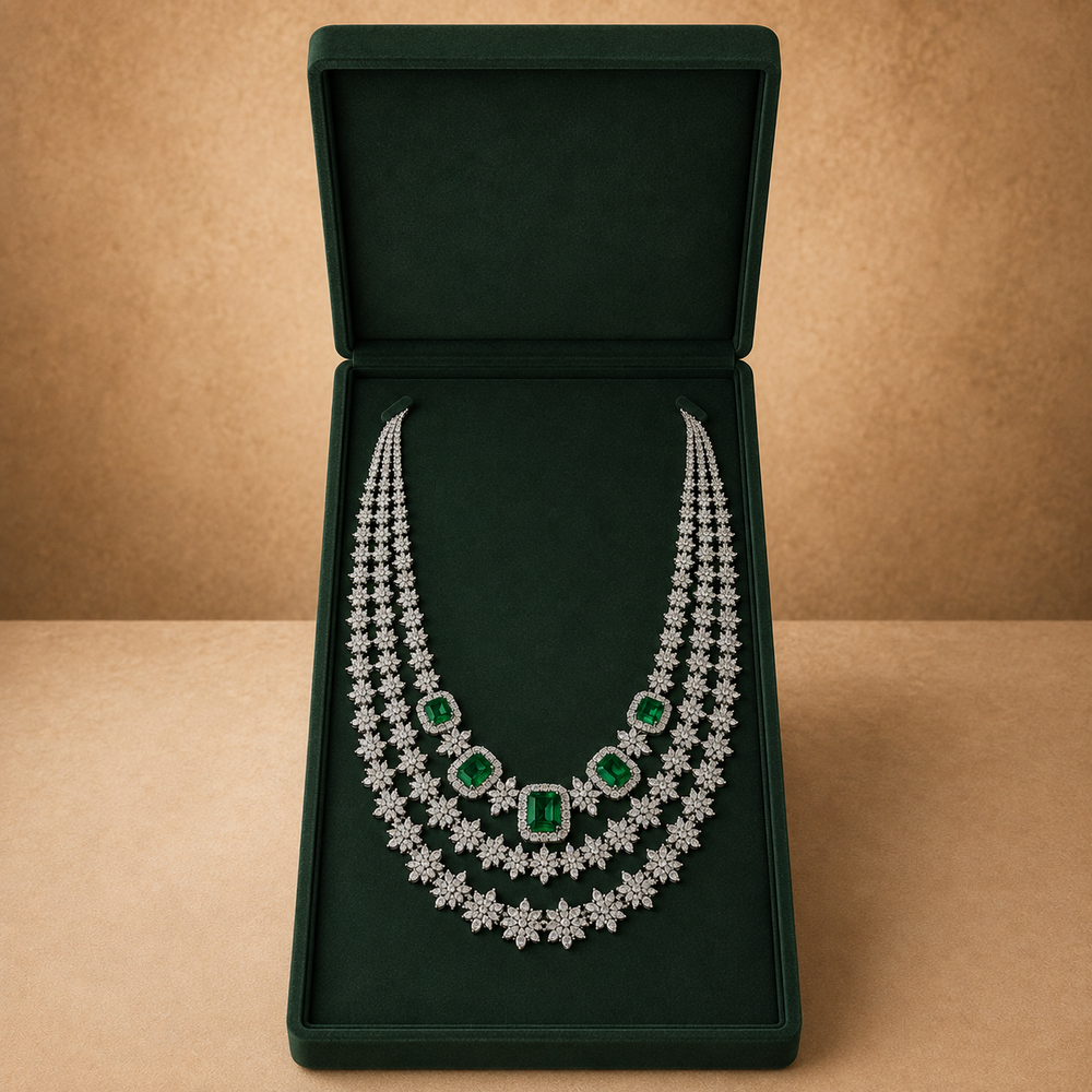 14K White Gold Emerald Diamond Layered Necklace