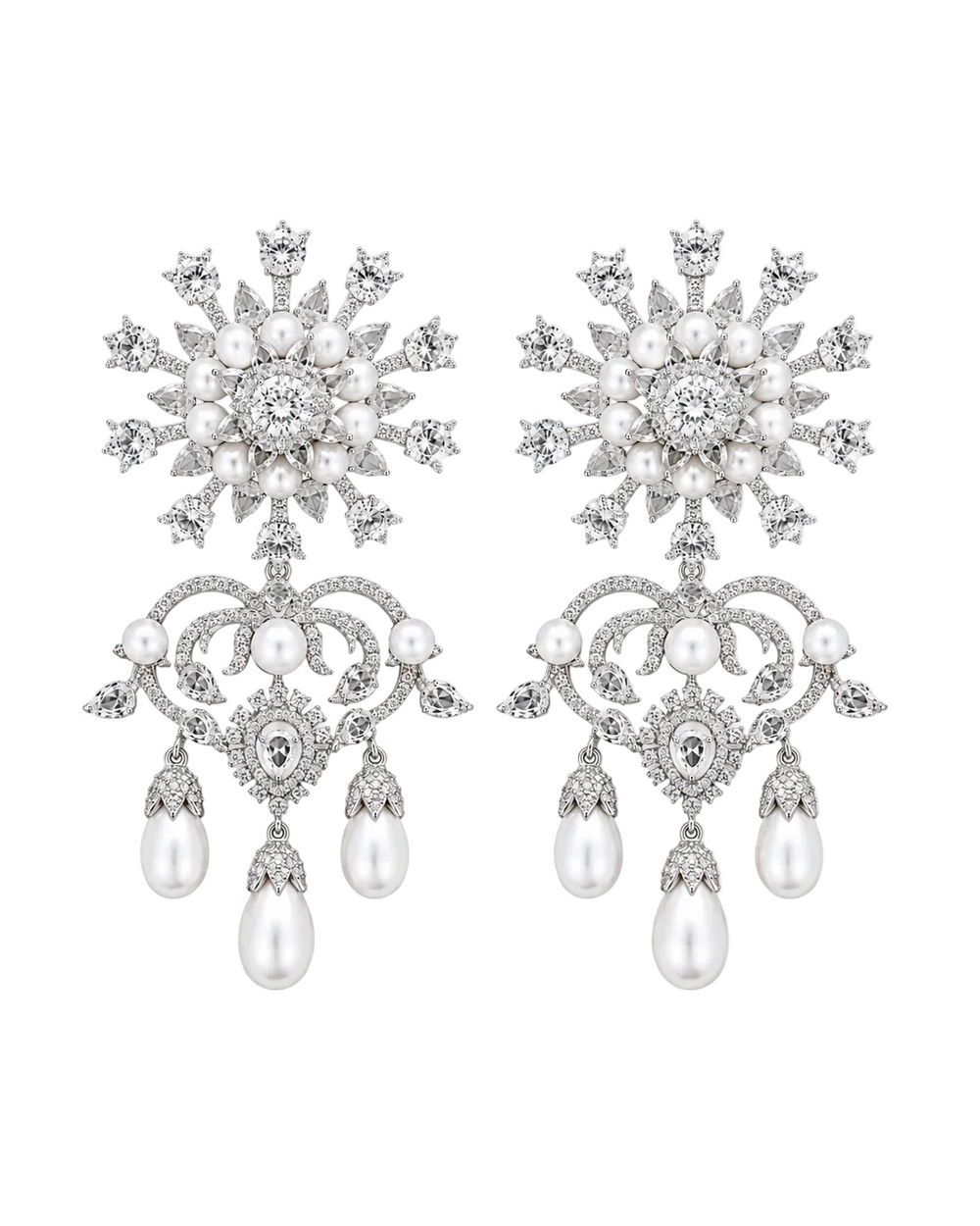 18K White Gold Floral Diamond Pearl Earrings