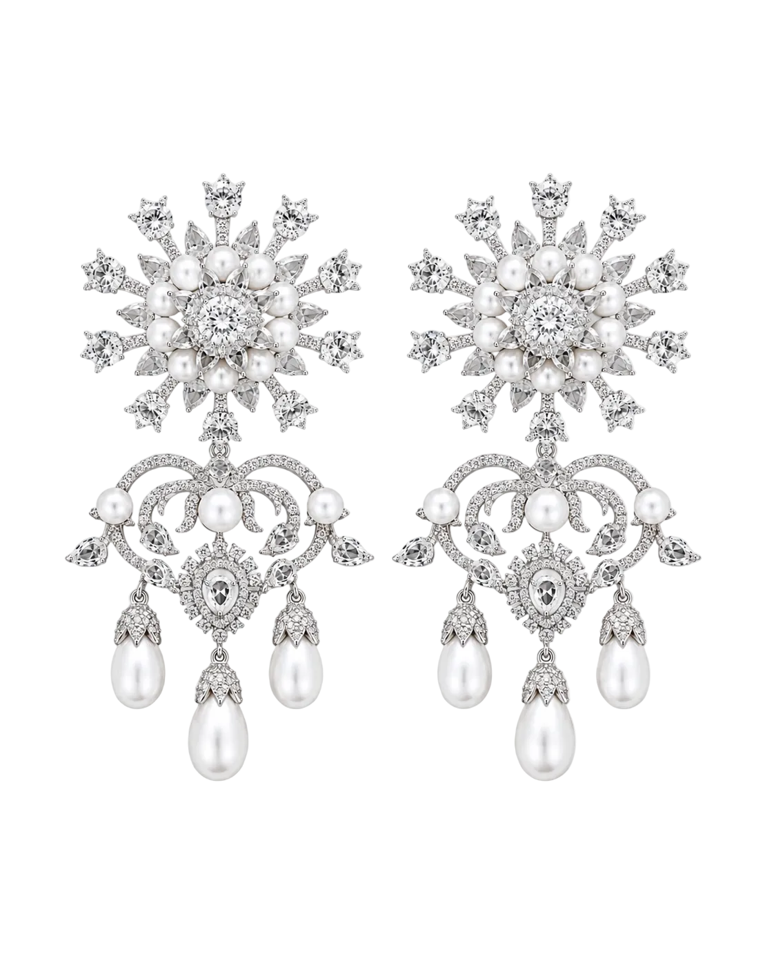 18K White Gold Floral Diamond Pearl Earrings