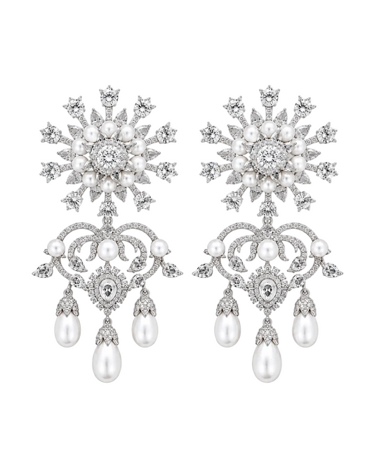 18K White Gold Floral Diamond Pearl Earrings