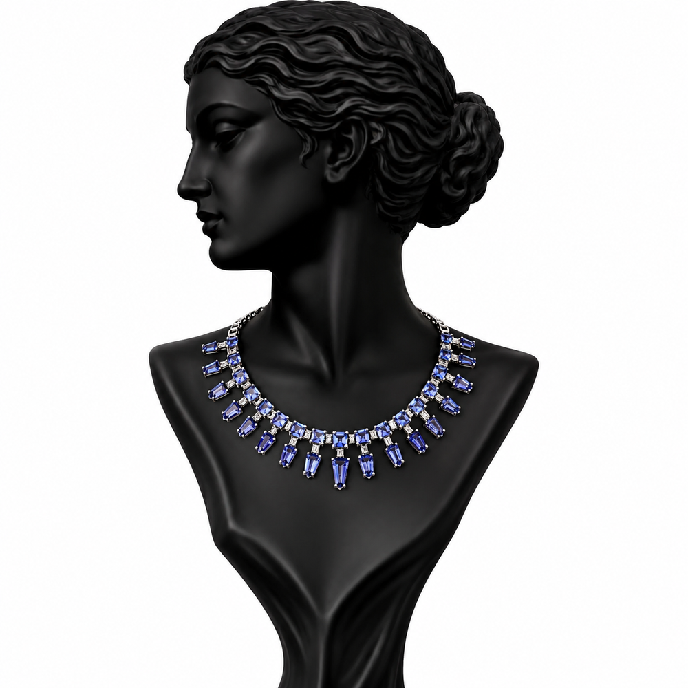 A statement necklace with blue baguette and round crystals set in silver-toned metal, displayed on a black female bust against a white background.