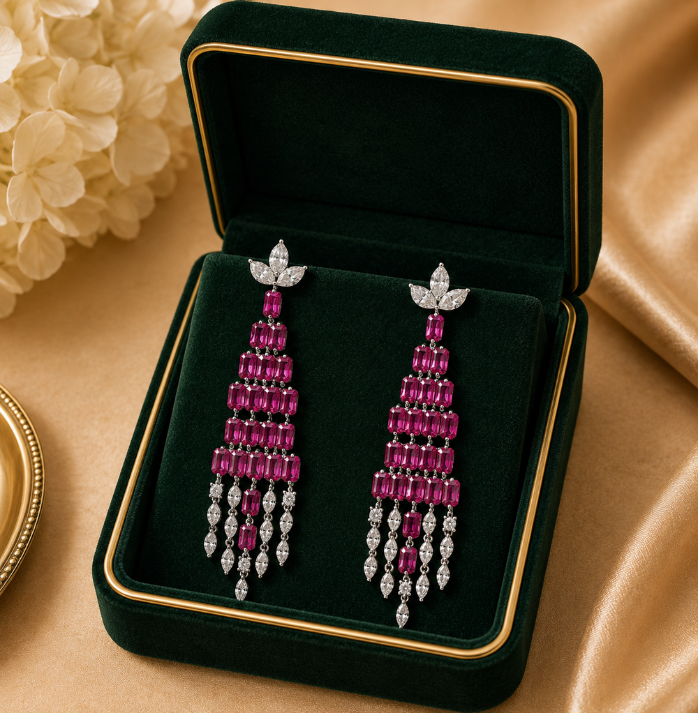 18K White Gold Pink Gemstone Chandelier Earrings