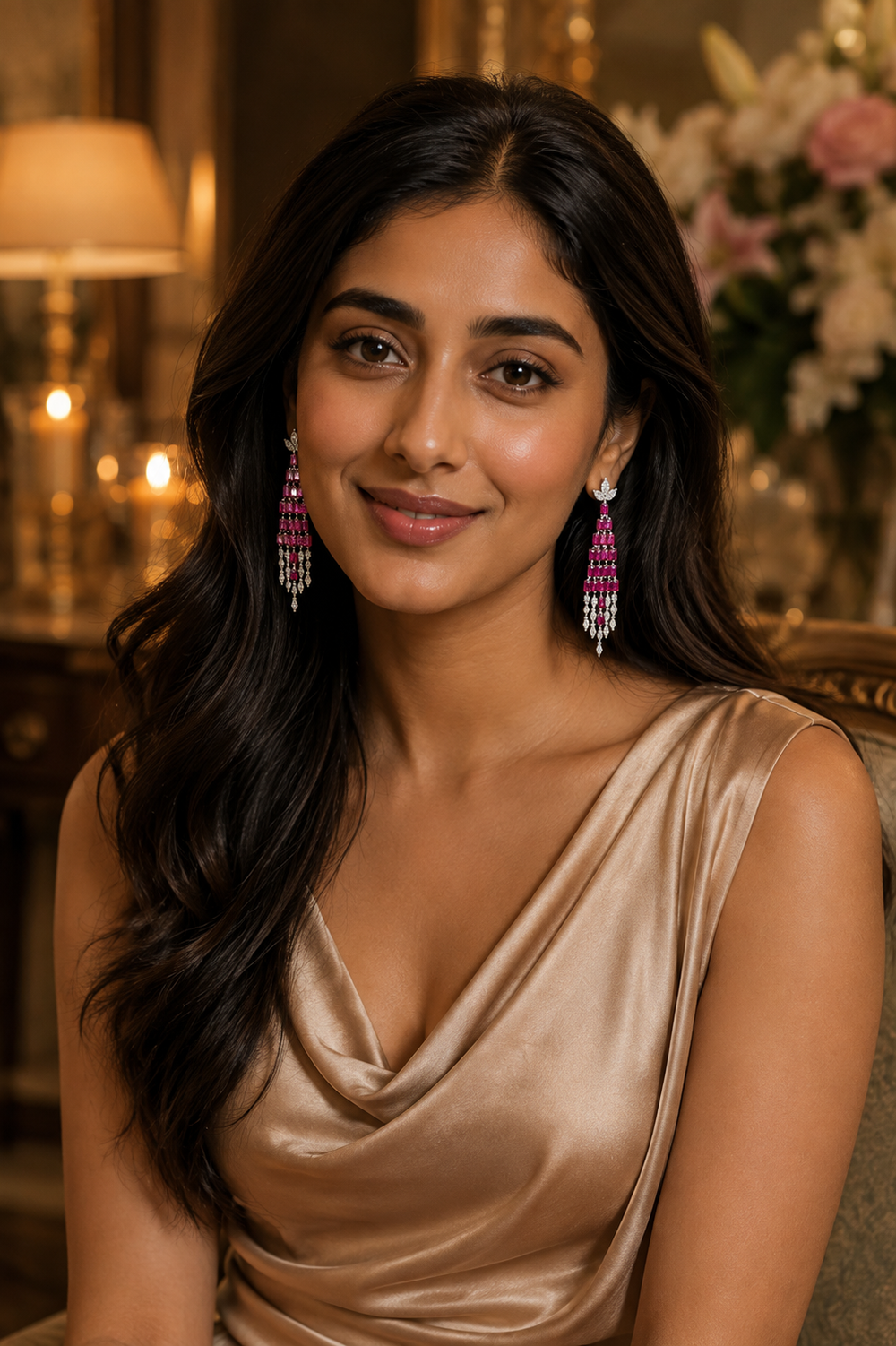 18K White Gold Pink Gemstone Chandelier Earrings