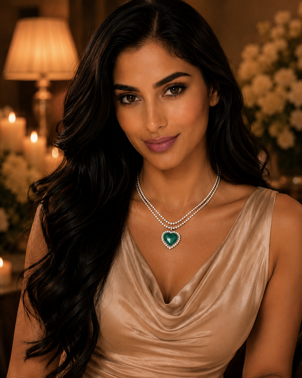 White Gold Green Gemstone Heart Pendant Necklace
