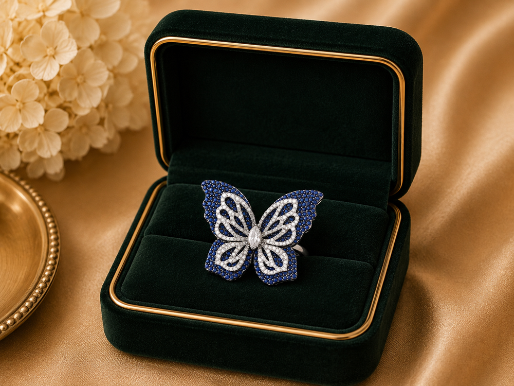 White Gold Blue Gemstone Butterfly