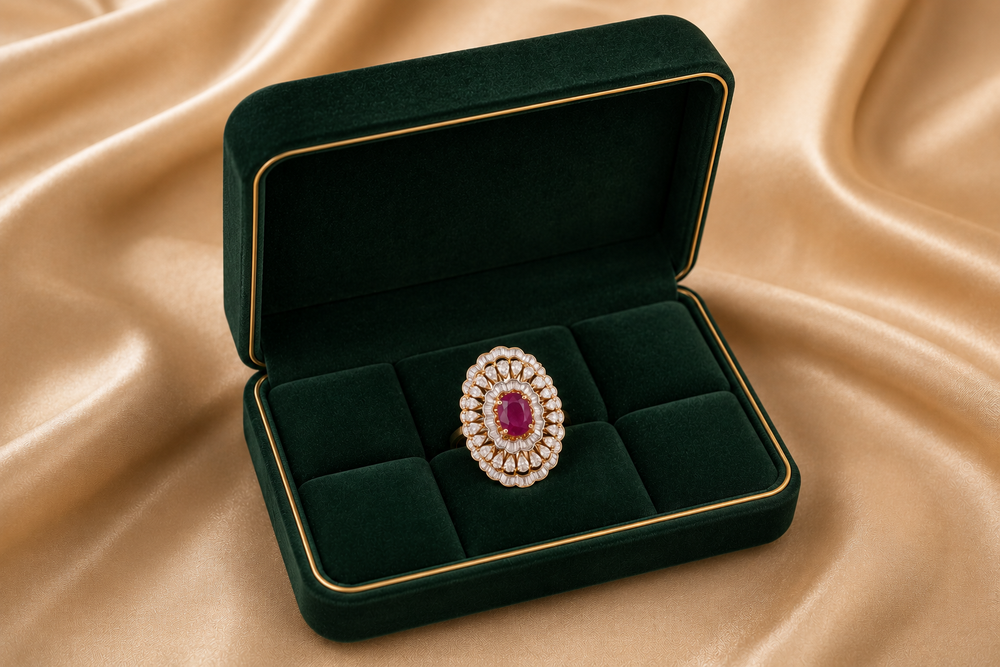 Royal Ruby Halo Diamond Ring in 18K Gold